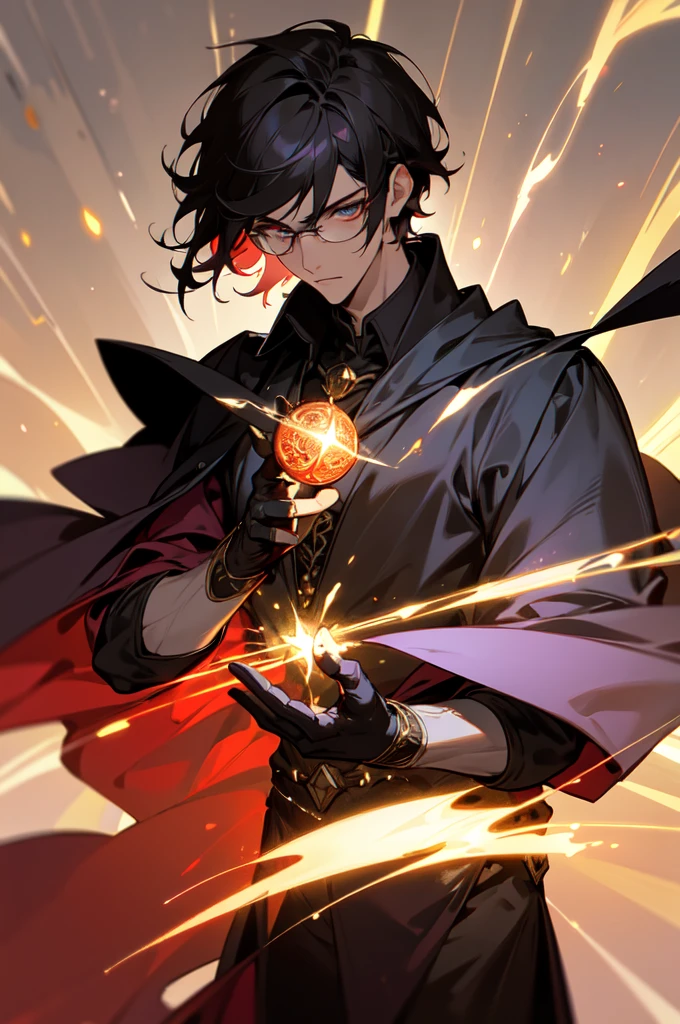 masterpiece, best quality, 1 male, young, tall muscular, handsome, finely detailed eyes, intricate details, black hair, short hair, evil face, solo, upper body, detailed dark shadow background, detailed face, good sorcerer, color magical robes, determined expression, white color scheme, dark crimson light, glowing magical runes, realistic lighting, floating particles, sparks, surrounded by gold lightning red arcane symbols, corrupted by eldritch power, bloom, glasses, gloves