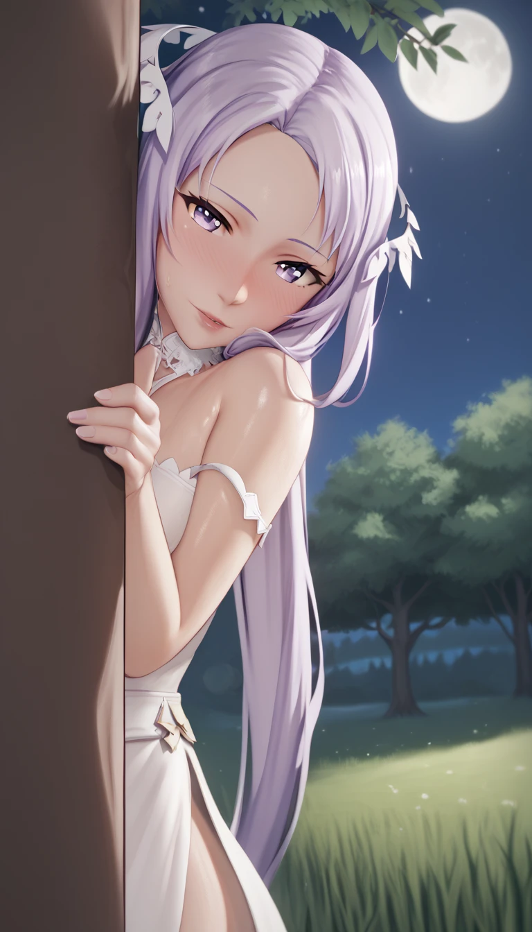 score_9, score_8_up, score_7_up, score_6_up, uncensored, quinella, absurdly long hair, purple eyes, long hair, parted bangs, purple hair, very long hair, hair ornament, horny face, blush face, lips, naughty face, shiny skin, sweating, steaming body, saliva, curvy, voluptuous, heavy breathing, (small breasts:1.3), detailed body, detailed eyes, looking at viewer, night, narrowed eyes, standing, cocktail dress, moon, night peeking out upper body, peeking from behind tree, forest dutch angle,