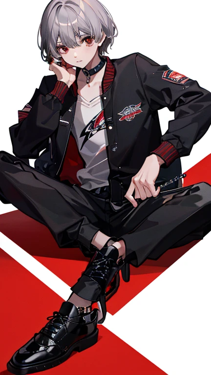 masterpiece, Facial details, Very detailed, 8K, Modern Style, ((One young man)), woman, short gray hair, Red Eyes, black letterman jacket, Black trousers, Shoes are visible, White Background, joy, On the floor,