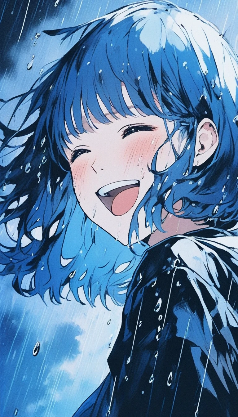 Illustrator, anime , Realistic ,sketch , smile、Laughing with your mouth open、Abstract rain on background、1 girl, ,lip, ,order, Black gradient background, Blue Hair,Short Bob、blacktshirt、Textured Trim, Canadian, (masterpiece,Highest quality) Cancer