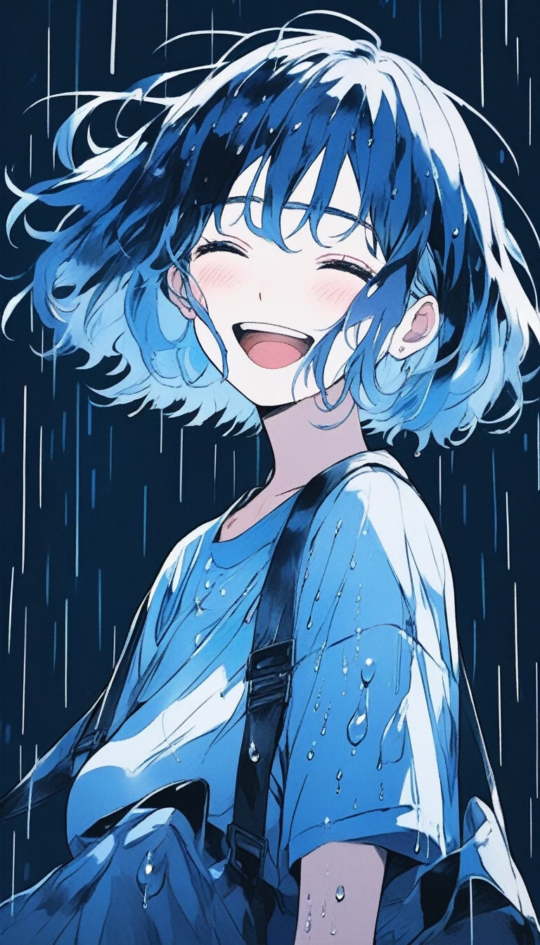 Illustrator, anime , Realistic ,sketch , smile、Laughing with your mouth open、Abstract rain on background、1 girl, ,lip, ,order, Black gradient background, Blue Hair,Short Bob、blacktshirt、Textured Trim, Canadian, (masterpiece,Highest quality) Cancer