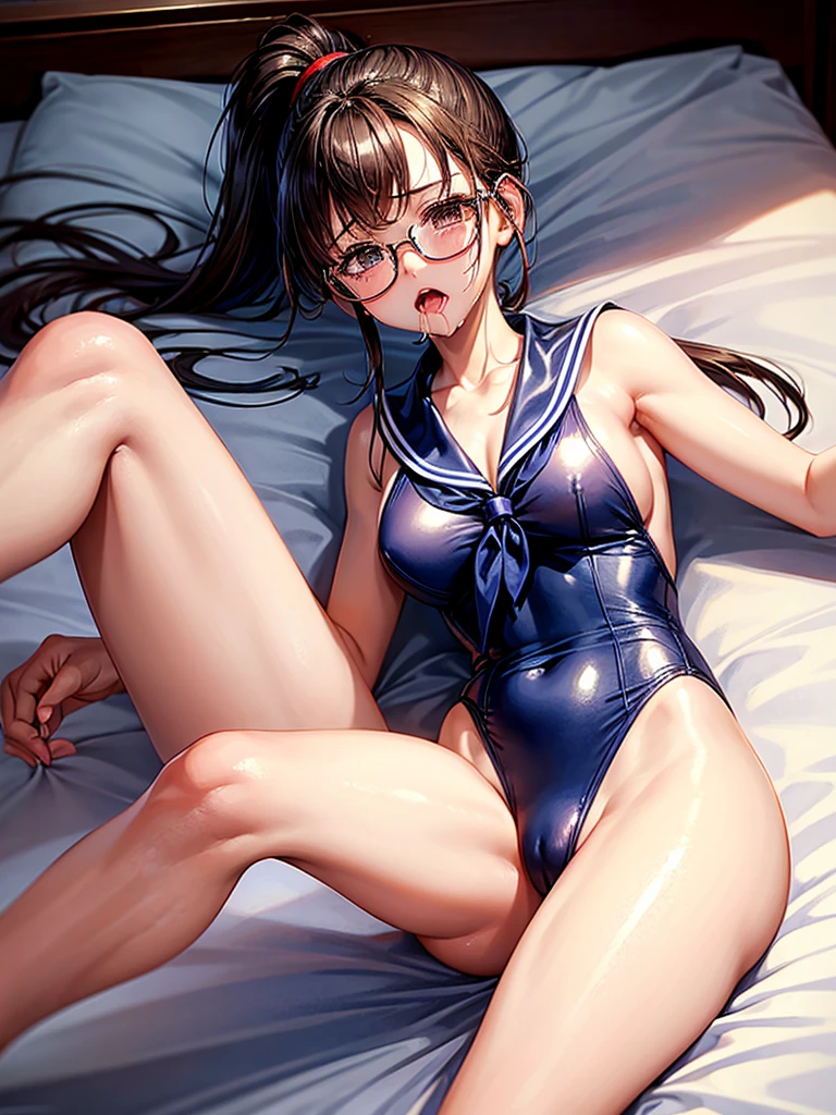 Highest quality,Highest Resolution,1Beautiful girl of the person,whole body,sleep,Look Up,Lying on your back,looking at the camera,Big eyes,Glasses,Crying face,Tears,Stringy saliva,Open your mouth wide,Sticking out tongue,Flush saliva,Overflowing with saliva,ponytail,Golden Hair,Brown eyes,Navy blue sailor leotard,High Leg,Red tie,Tears overflow,Dripping a lot of saliva,Drooling,On the bed,sexy,Finger licking,Western-style room,Alluring,