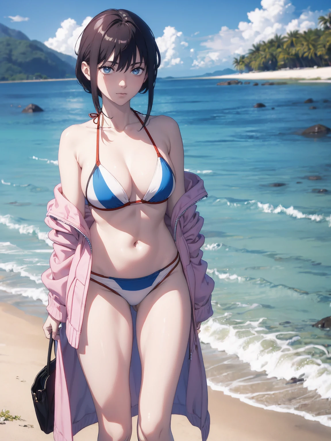 White off-the-shoulder bikini on the beach in Palau(Sweat, Bikini without shoulder straps、No shoulder strap、Show your shoulders)Surreal Japanese Portraits,Works that influenced Antonio Lopez'technology, Close zipper, Ron Mueck, Richard Estes, Marilyn Minter、Purple and blue gradation eyes enveloped in the mystery of the universe,(String Bikini:1.2)、Perfect lighting, (Perfect hands, Perfect Anatomy)、whole body(1:2)、that'that'the wind is strong、Excellent style,Complete body balance、Dynamic Acid Pose(1:2)、(16:Specializing in aspect ratio 9),sunglasses、Stiletto heels