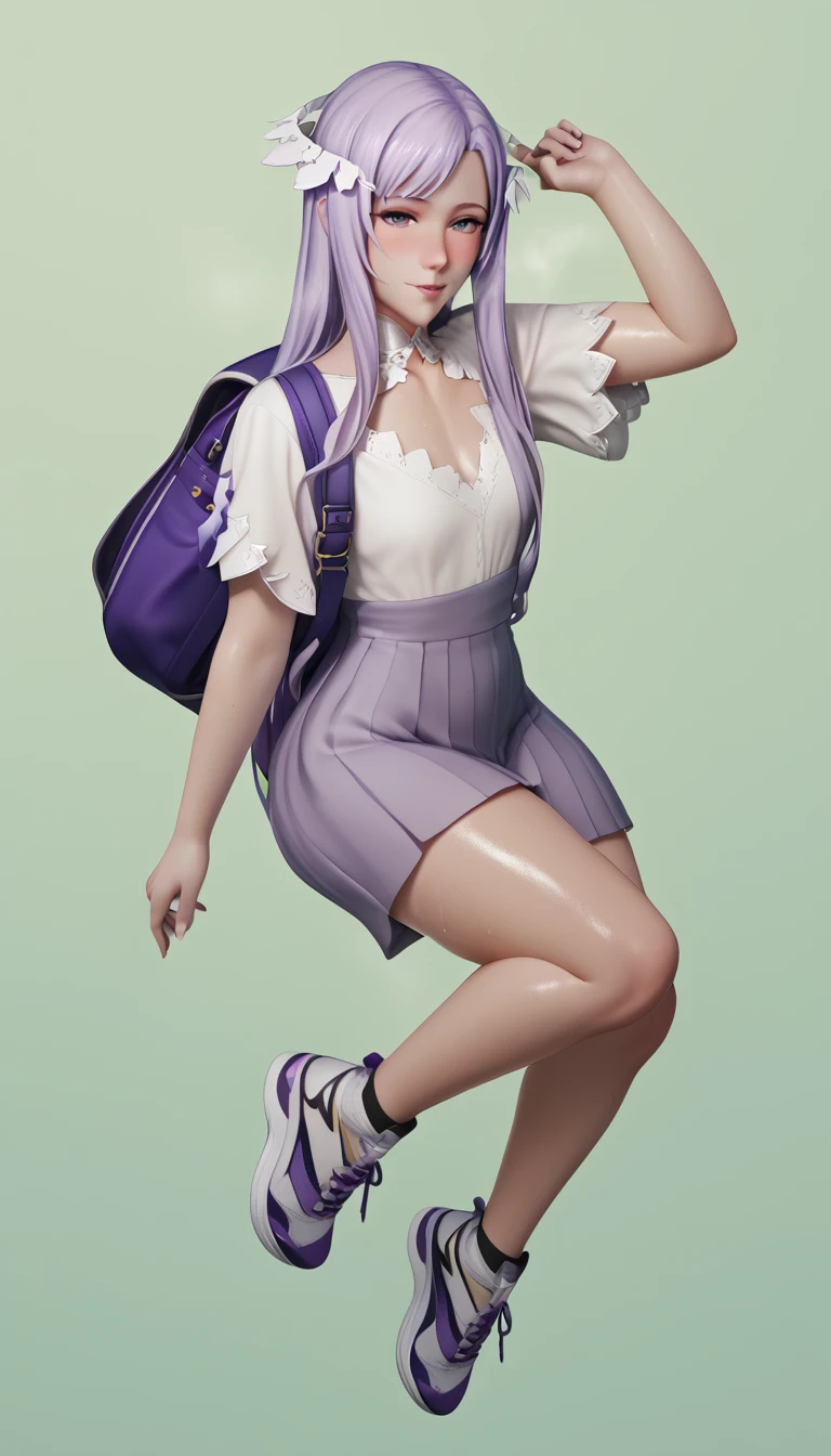 score_9, score_8_up, score_7_up, score_6_up, uncensored, quinella, absurdly long hair, purple eyes, long hair, parted bangs, purple hair, very long hair, hair ornament, horny face, blush face, lips, naughty face, shiny skin, sweating, steaming body, saliva, curvy, voluptuous, heavy breathing, (small breasts:1.3), detailed body, detailed eyes, thighs, pin up model pose, green fields background, carrying backpacks, high sneakers
