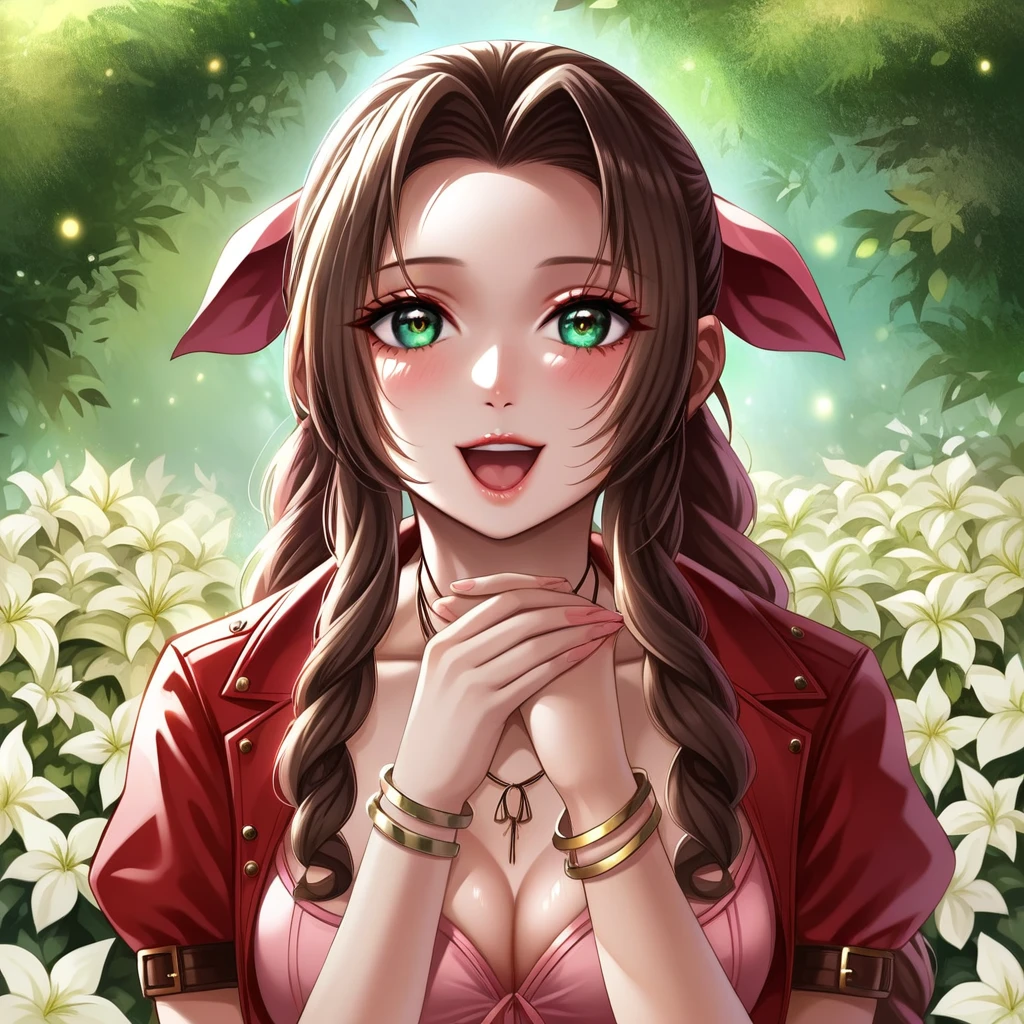 (masterpiece:2.0), solo, ((((aerith gainsborough, red cropped jacket, hair bow, bracelet, pink dress, brown boots)))), , from_side, cowboy shot, squatting with knees close together,flower , (finely detailed:1.7), (beautiful and clear background), ((outdoors, A beautiful garden bursting with flowers of various colors)) , (shiny_skin:1.3), nice hands, perfect hands, smile, , extremely and best quality, extremely and ultra detailed, beautiful detailed eyes, Very detailed CG unified 8k wallpaper, extremely detailed CG unity 8k wallpaper, extremely detailed CG unity 8k, extremely delicate and beautiful girl, ultra-detailed, (perfect anatomy), (high detail), (high quality), (high resolution), (beautiful detailed face), (ultra detaild background), beautiful and clear background,aerith gainsborough , detailed mouth, mesmerizing mouth, high definition mouth, focus on mouth, best quality, detailed, absurd resolution, absurd detail, intricate details, vibrant colors, ultra-realistic,  open mouth, uvula