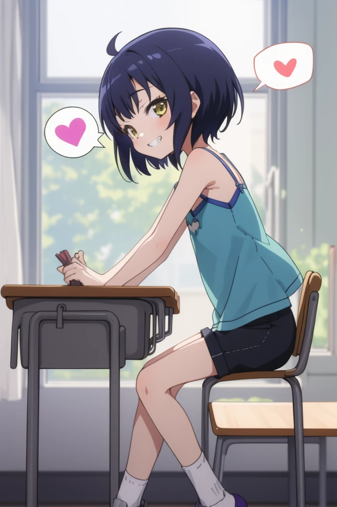 masterpiece,best quality,1girl,solo,jouga maya, blue shorthair,1girl,(petite),grin,,,camisole,, shorts,socks,looking viewer,,spoken heart,***,(petite),flat chest,,classroom,sitting on chair,thigh,from side,