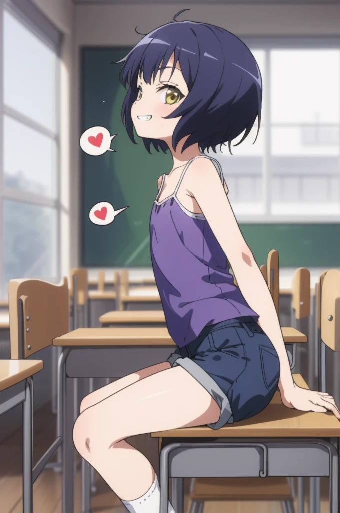 masterpiece,best quality,1girl,solo,jouga maya, blue shorthair,1girl,(petite),grin,,,camisole,, shorts,socks,looking viewer,,spoken heart,6yo,(petite),flat chest,,classroom,sitting on chair,thigh,from side,