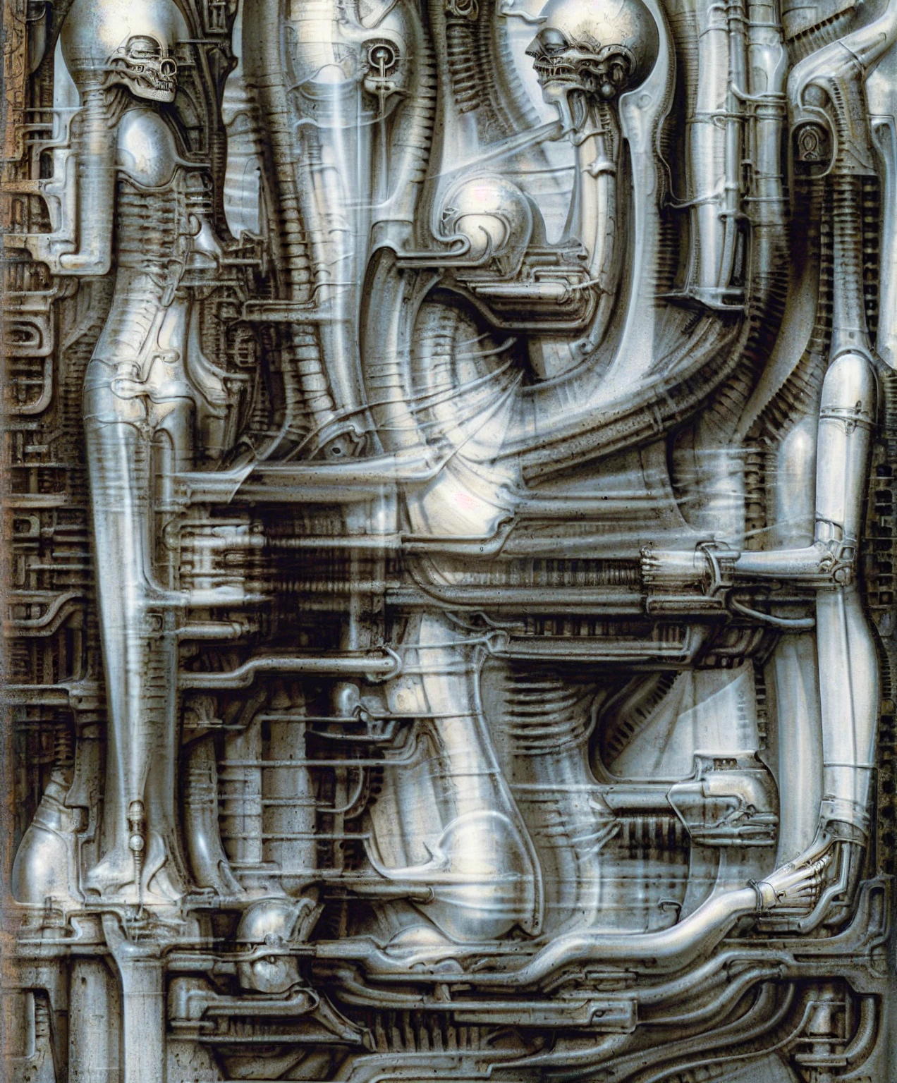 The image is a detailed view of H.R. Giger's \" kunstwerk \" plate, featuring a complex network of bones and organs in a purple-brown hue ,swirling gray and brown colors. The artwork is silver and purplish brown, with an ivory bones prominently displayed. The image is highly detailed and intricate, almost like a 3d version of a medical diagram
The image is an artistic representation of a mechanical structure with pipes and gears, with a skeletal creature and a windmill blade.
The image depicts a complex, mechanical structure with a level of detail achived by fractal algorightmic art, that suggests a sci-fi or futuristic theme.Is a digital artwork featuring a complex, intricate, and colorful design. It is a blend of geometric shapes, lines, and forms that create a sense of depth and dimension.
It's a surreal scene of a robotic humanoid figure placed in a close up of a machine in a building, surrounded by various mechanical parts and structures such as necromorph, energetic beings patrolling, crying cyborg woman, in salvia divinorum, android body, vecna. This plenty of detail keeps the focus on the figures and creates a sense of mystery about their environment.
The image .
biomechanical landscape by Hans Rudie Giger composed of fossilized and mummified alien life forms. Image depicts a strange and dreamlike, combines biological and mechanical ,managed to dreamlike quality. Centralized recognizable shapes of skulls, rib cages, and spines, all intertwined with tubes and cables. These shapes suggest fossilized mummified alien life forms. Central skeletal structures and what appears to be a ribcags of ivory in the foreground are the most identifiable organic elements. The mechanical elements are evident in the wires and tubes emanating from the skeletals, as well as the smooth metallic tubes. In the background shapes are visible that could be interpreted as other fossilized or mummified alien life.
Light source from the top highlights skeletals,