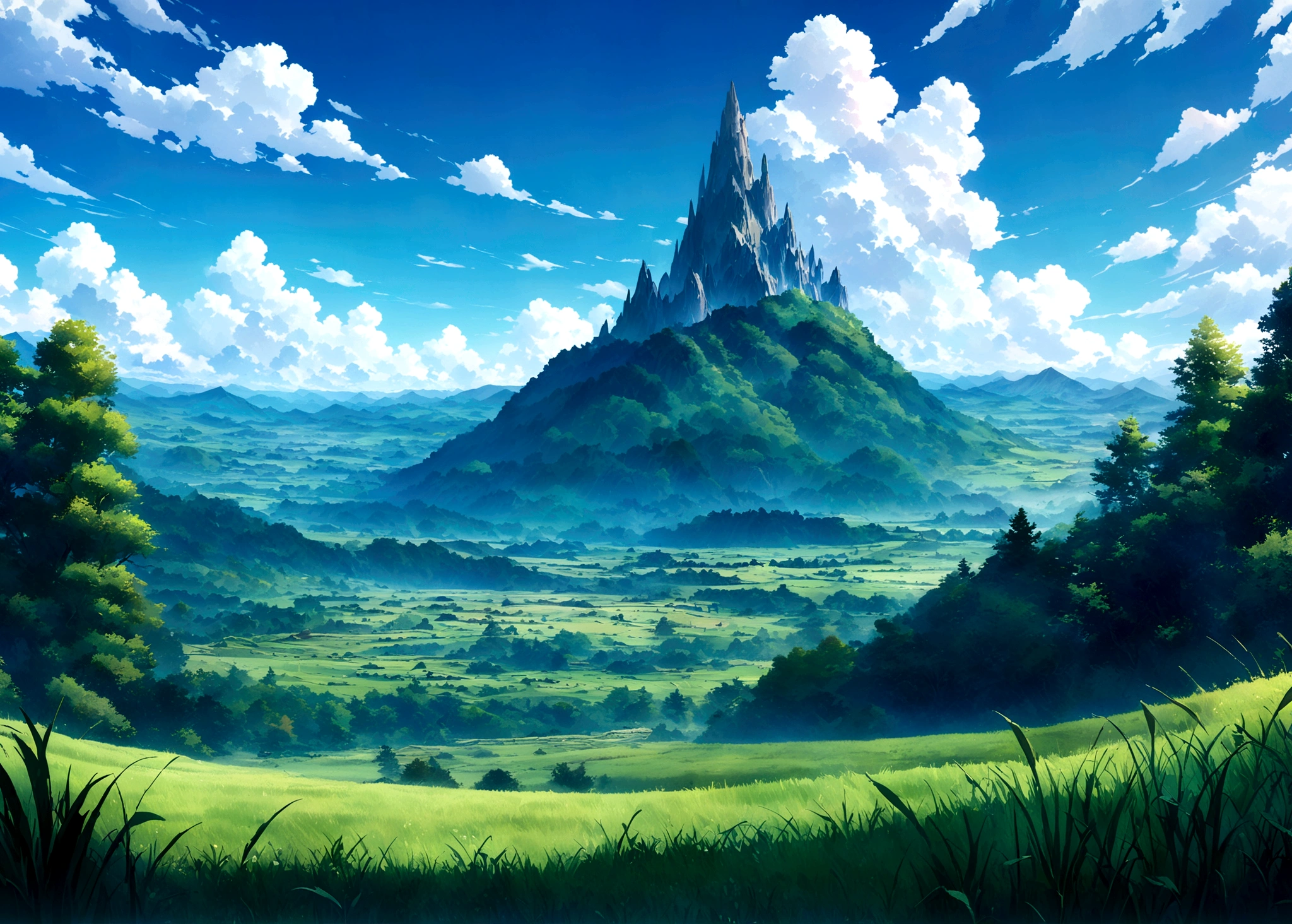 japanes anime style fantasy beautiful day grass sky with towering mountains in the distance,lush forests, An expansive open field below under blue cloudy skies ,anime countryside landscape, anime art wallpaper 8 K beautiful anime scene,anime, 4 K highly detailed digital art