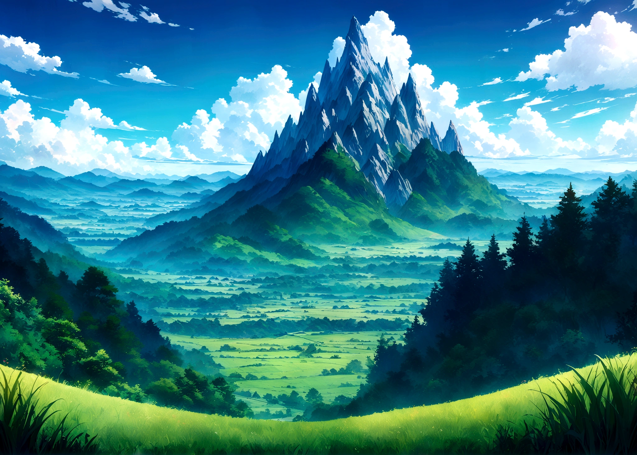 
japanes anime style fantasy beautiful day grass sky with towering mountains in the distance,lush forests, An expansive open field below under blue cloudy skies ,anime countryside landscape, anime art wallpaper 8 K beautiful anime scene,anime, 4 K highly detailed digital art