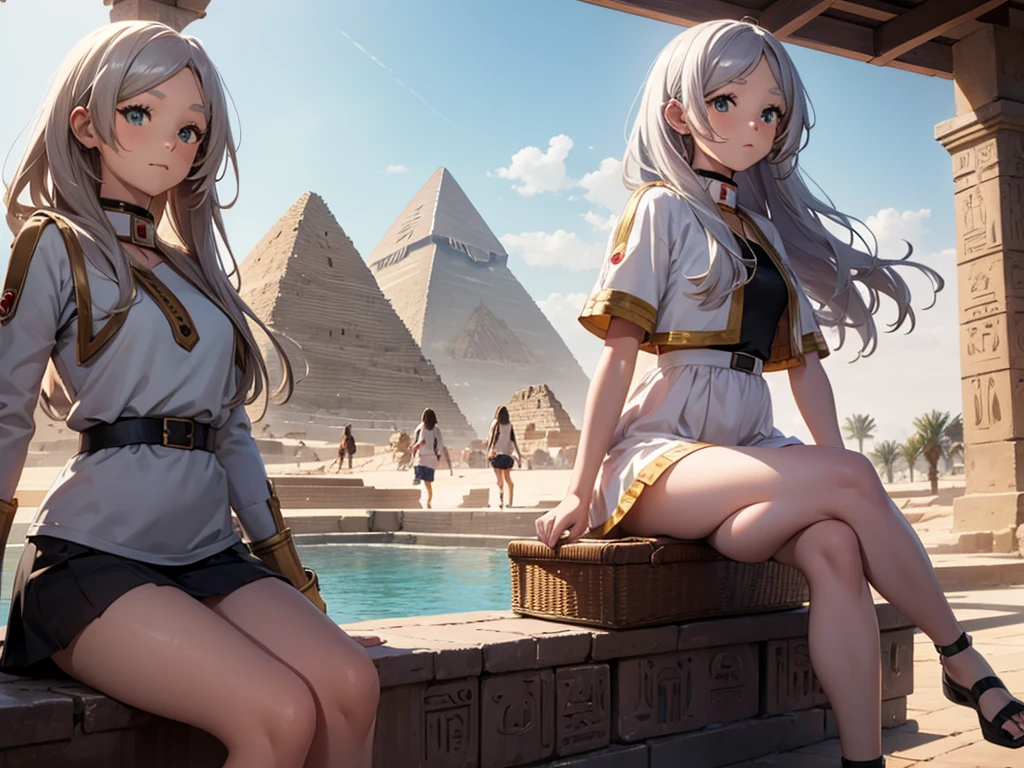 a girl,Frielen、In front of the pyramid、Egypt、sitting,masterpiece、photo realistic,best quality:1.5,panty shot,