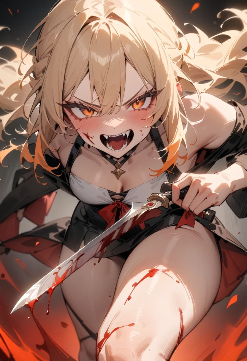 masterpiece, best quality, very aesthetic, absurdres, newest, 1girl, solo, blonde hair, female focus, blood, fangs, grabbing silver knife blade,