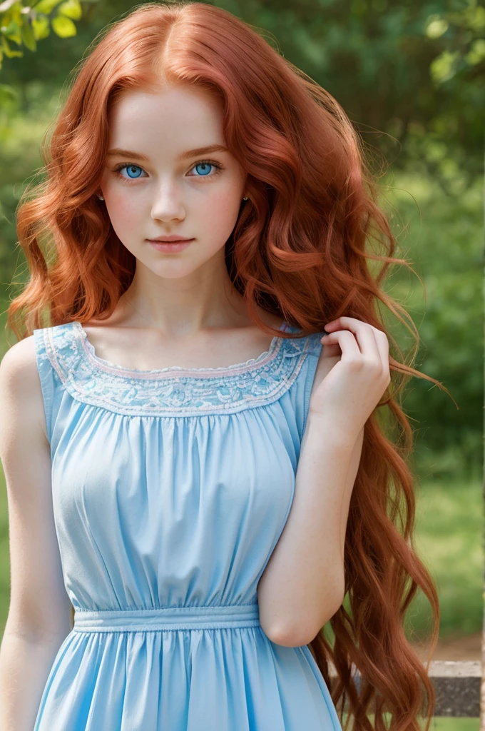 Young royal girl with red hair and wavy hair, long, white skin with pink undertones, big bright blue eyes, wears a light blue dress, delicate features and pronounced cheeks