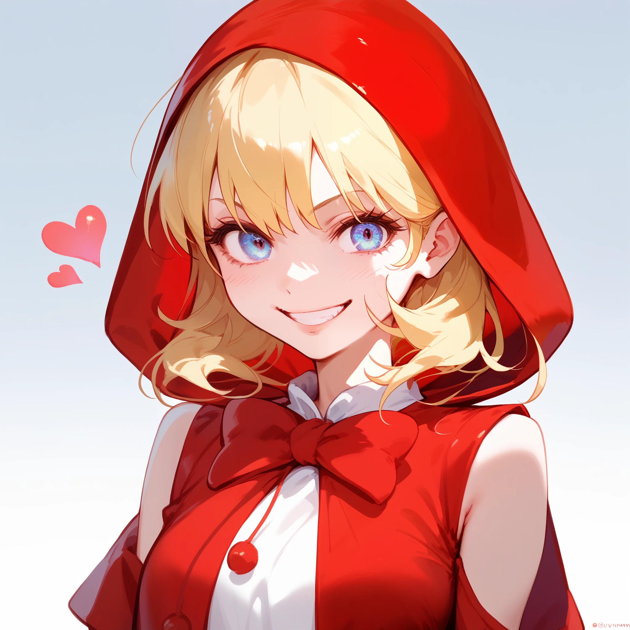 score_9,score_8_up,score_7_up,score_6_up,score_5_up,score_4_up, 1girl,solo,,bulleta,blonde hair,
little red riding hood (grimm) (cosplay),red dress,red hood, evil, crazy smile, looking at viewer, upper body,heart