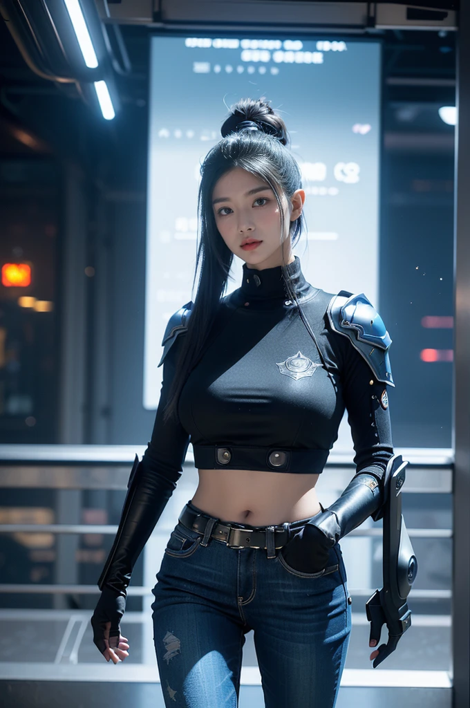 Game Art,Best image quality,Maximum resolution,8K,((A bust photo)),((portrait)),(Rule of Thirds),Unreal Engine 5 rendering works, (Future girl),(Female Warrior), 22-year-old young hacker),(Oriental hairstyle),(Beautiful eyes full of details),(Large Breasts),(Eyeshadow),Elegant and charming,indifferent,((frown)),(Combat uniforms full of futuristic technology,The costume combines futuristic power armor with tight dark blue denim trousers,Clothing is decorated with glittering patterns and emblems),Cyberpunk Characters,in the style of futuristic, Photo poses,City background,lamp,Ray Tracing,Game CG,((3D Unreal Engine)),OC rendering reflection mode