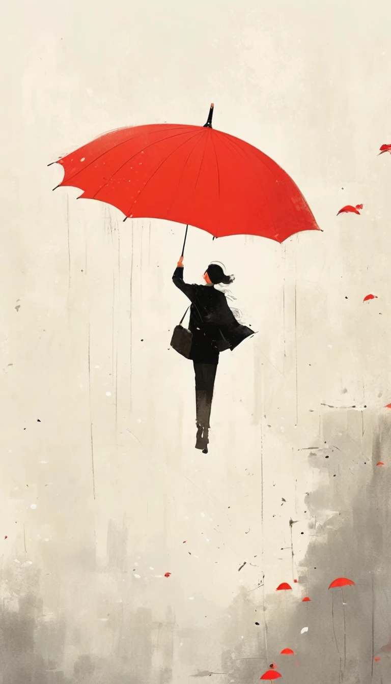 simple,Minimalist illustration,1pcs red umbrella-suspended in the air,solitary figure