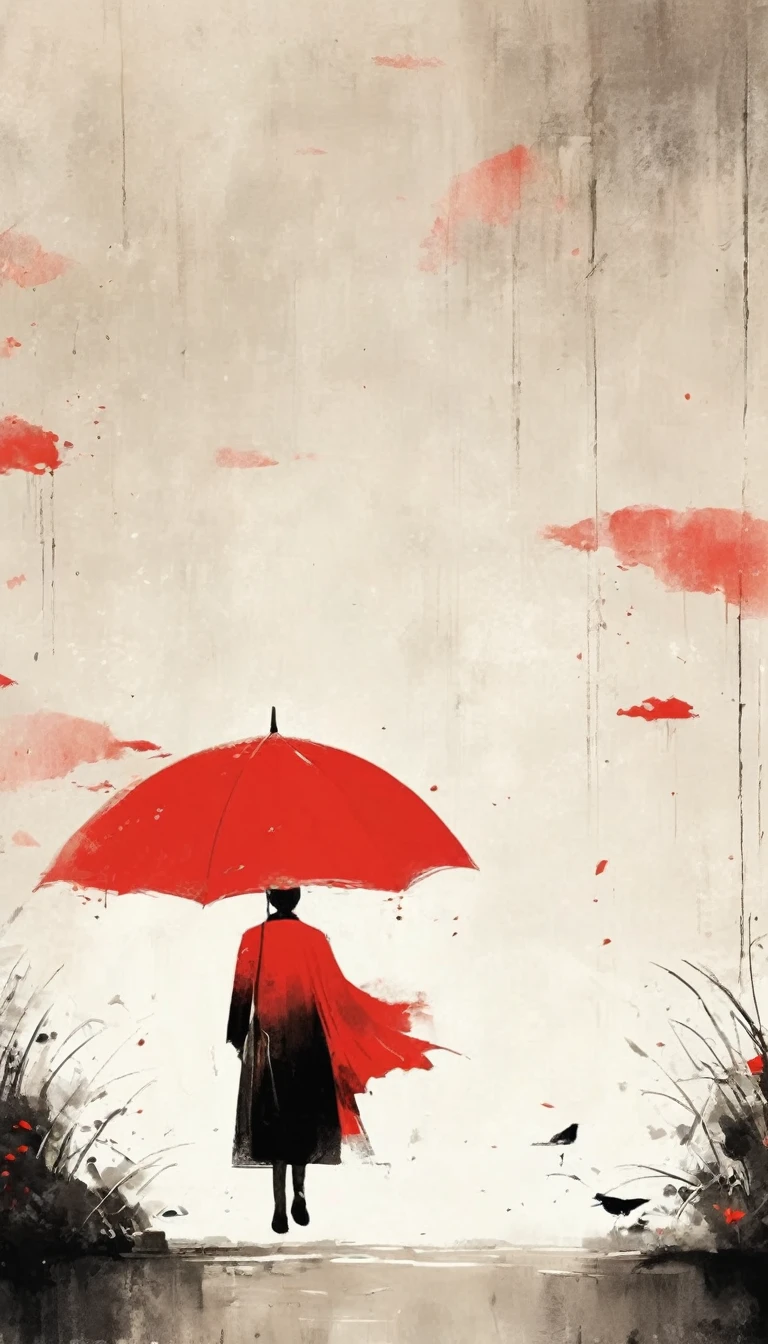 simple,Minimalist illustration,1pcs red umbrella-suspended in the air,solitary figure