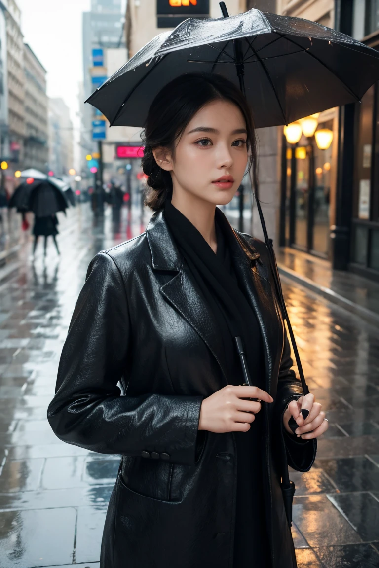 high quality, masterpiece, beautiful, photorealistic, 1 person, woman, holding umbrella, outdoor, rainy day, city street, detailed facial features, expressive eyes, elegant hairstyle, detailed clothing, colorful umbrella, puddles on ground, reflections, dramatic lighting, cinematic mood