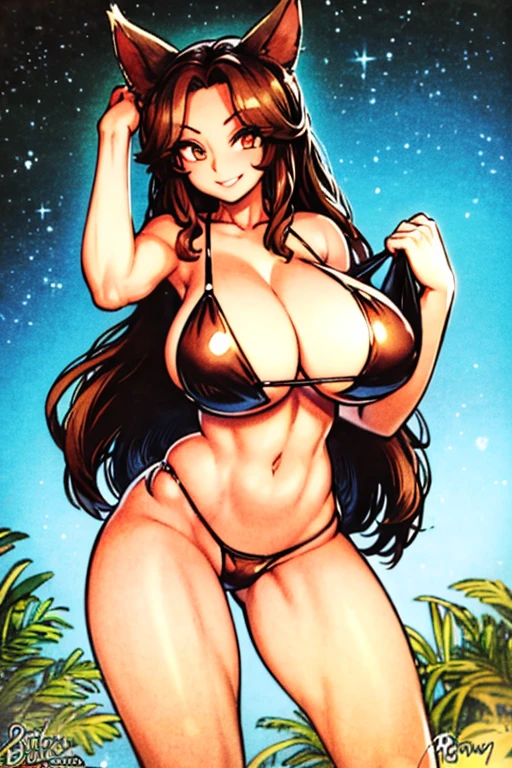 masterpiece, high resolution, best quality, rendered art, beautiful art, well formed fingers,body and hands, 1 woman, solo, Imaizumi  Kagerou, wolf ears and wolf tail, wearing Cavewoman outfit, big breasted, cleavage, sexy and skimpy jungle bikini, pelvic curtain, bikini thong, brunette, sexy and gorgeous hips, legs and thighs, dancing off seductively and erotically, shaking her body, smiling joyfully and brightly, looking at the viewer, flirting, bitting her lips, jungle environment 