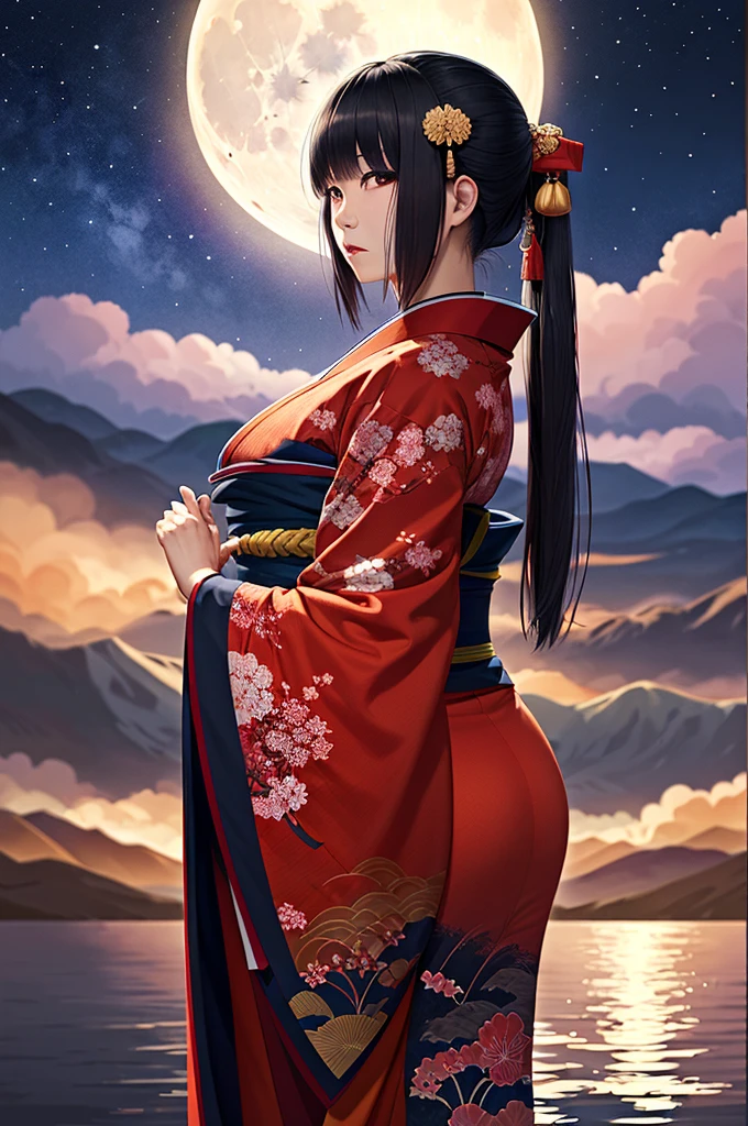 Japanese woman , bloody kimono , full moon , nuit , badass
