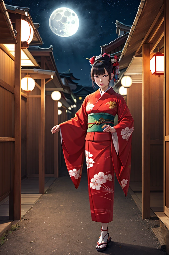 Japanese woman , bloody kimono , full moon , nuit , badass