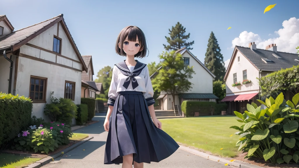 (masterpiece), town, blue sky, One Girl, smile, alone, Sailor suit、Long skirt, Overgrown, petal, plant、Skirt lining、Translucent slip、Nostalgic