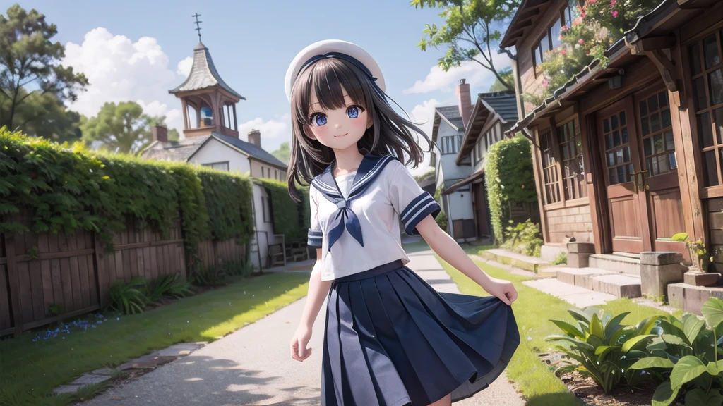 (masterpiece),  town,  blue sky,  One Girl,  smile,  alone,  Sailor suit、Long skirt,  Overgrown,  petal,  plant、Skirt lining、Translucent slip、Nostalgic