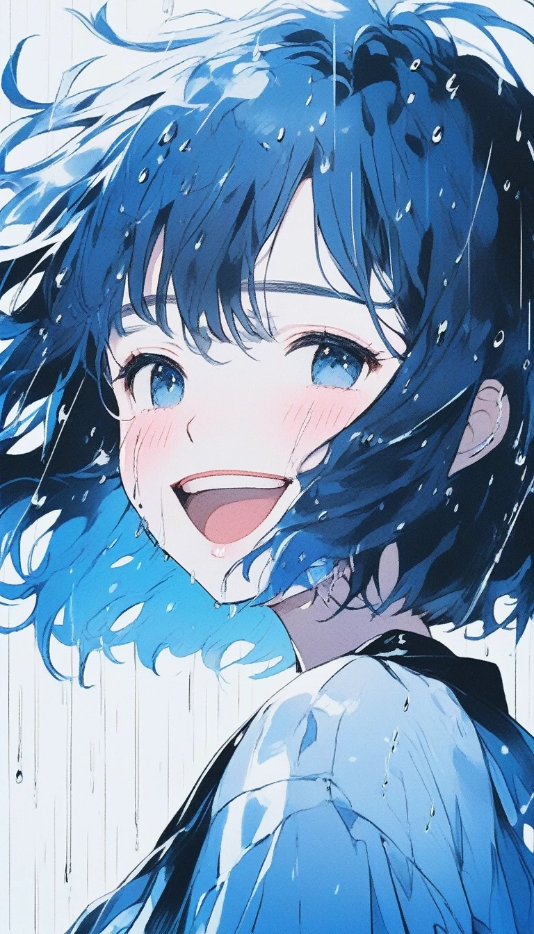 Illustrator, anime , Realistic ,sketch , smile、Laughing with your mouth open、Abstract rain on background、1 girl, ,lip, ,order, Black gradient background, Blue Hair,Short Bob、blackｔshirt、Textured Trim, Canadian, (masterpiece,Highest quality) Cancer