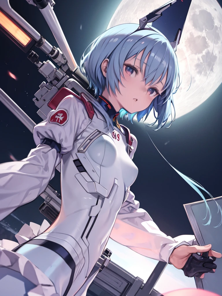 Blue Hair Girl、Shortcuts、Red Eyes、Pilot Suit、Clothes that fit the body、White clothes、full moon、night、Rei Ayanami、Evangelion、Angle from below、Front view、Watching the audience、Upper Body、Twisting the body、