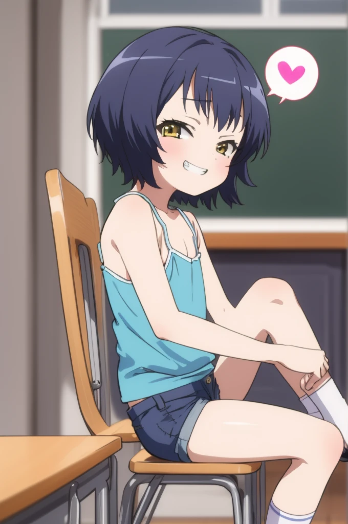 masterpiece,best quality,1girl,solo,jouga maya, blue shorthair,1girl,(petite),grin,,,camisole,, shorts,socks,looking viewer,,spoken heart,6yo,(petite),flat chest,,classroom,sitting on chair,thigh,from side,nsfw