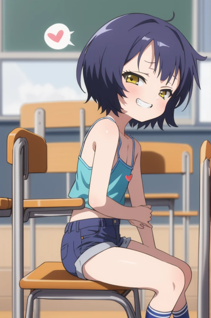 masterpiece,best quality,1girl,solo,jouga maya, blue shorthair,1girl,(petite),grin,,,camisole,, shorts,socks,looking viewer,,spoken heart,6yo,(petite),flat chest,,classroom,sitting on chair,thigh,from side,nsfw