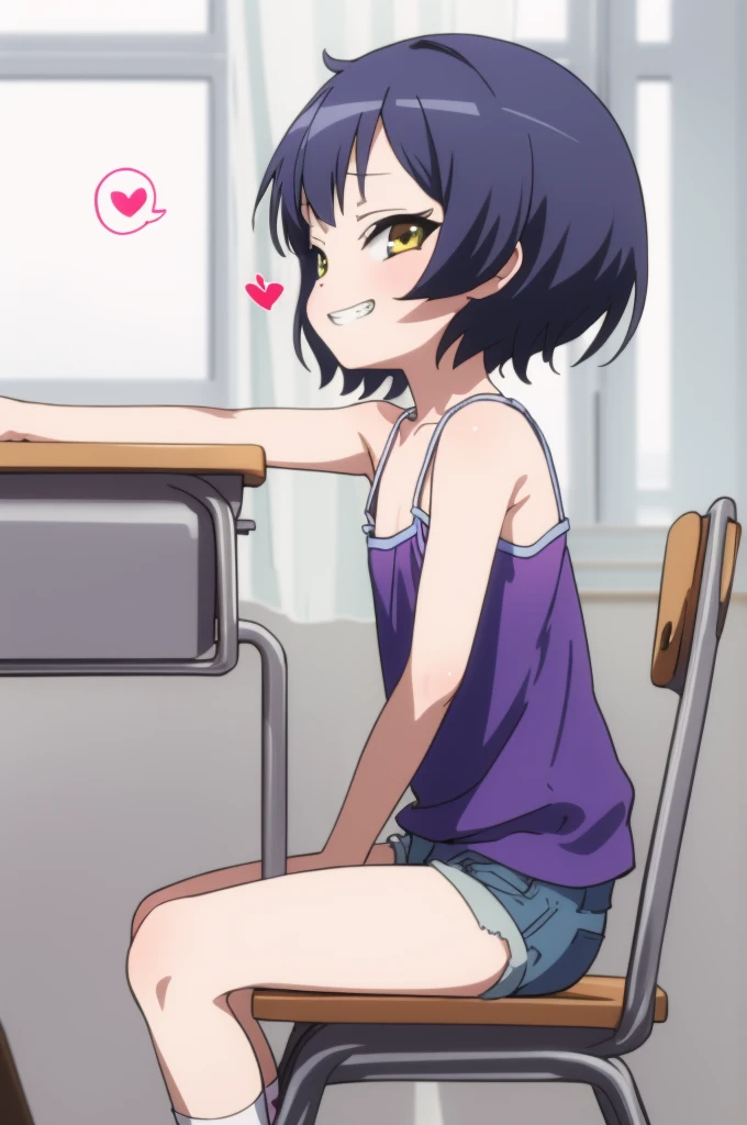 masterpiece,best quality,1girl,solo,jouga maya, blue shorthair,1girl,(petite),grin,,,camisole,, shorts,socks,looking viewer,,spoken heart,6yo,(petite),flat chest,,classroom,sitting on chair,thigh,from side,nsfw