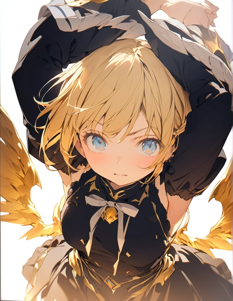 masterpiece　Golden Wings　A masterpiece of ultra-precise description of a girl fighting with golden flames (Short Bob Hair:1.4),(blue eyes) Golden flames rise all over