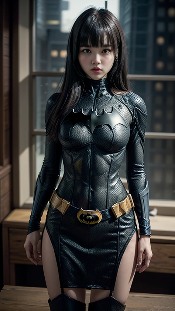 ((Cowboy Shot))、Mature Woman、(masterpiece, Highest quality), Intricate details, 8K, 1 Girl, Long Hair, Bowl Cut Hair,((blunt bangs))、 Black Hair,((Ultra-detailed and intricately designed Batman&#39;s Robin suit)),Skyscraper, city, building,street,((Delicate painting))，(Detailed RAW photos of girls), (Masterpiece:1.25), (Highest quality:1.6), (Ultra-high resolution:1.5), (Photorealistic:1.75), 8K resolution, Canon EOS R5, 50mm, Confused, Very detailed,Cinema Lighting、((Super big breasts))、The abdomen is visible、Ultra-delicate and intricately decorated thigh-high boots、Sexy pose、Batman&#39;s Robin suit with super subtle and ultra cool decoration、　((Cape))