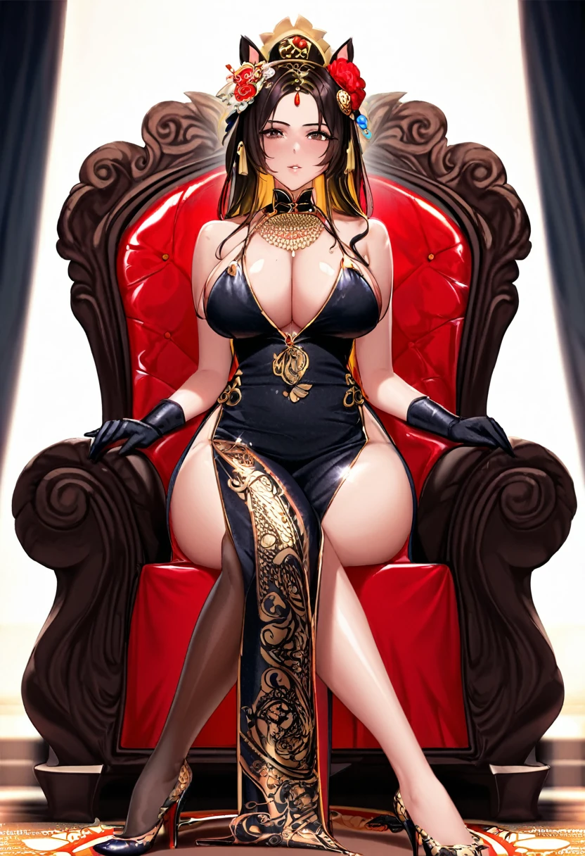 (((best quality))), ((ultra-detailed)), ((an extremely delicate and beautiful)), ((16k)), realistic, hd, cgi, gleaming hair, gleaming skin, gleaming dress, Character focus, solo, sitting down pose on a high throne, strong light coming in, sharp focus, illustration, game cg, anime, solo, curvy, (big breasts:1.3), forehead, ( white gold lining Chinese Lace Up Cheongsam Open Chest Bodycon Dress High Slit Qipao mini), faste collarbone, (belly:0.9), looking at the viewer, ocean, flower hair ornament, accessories, backlighting, shiny skin, shiny body, chibi, gloves, necklace, jewellery, black-brown hair, bead necklace, red faded into black colored hair, brown eyes, long hair, black bunny ears, red ombre hair, red-black hair, more yellow hair streaks, smaller dress, mommy goddess, thighs, looking down at the viewer, bare feet directed at the viewer, goddess, female dominance, high pony tail