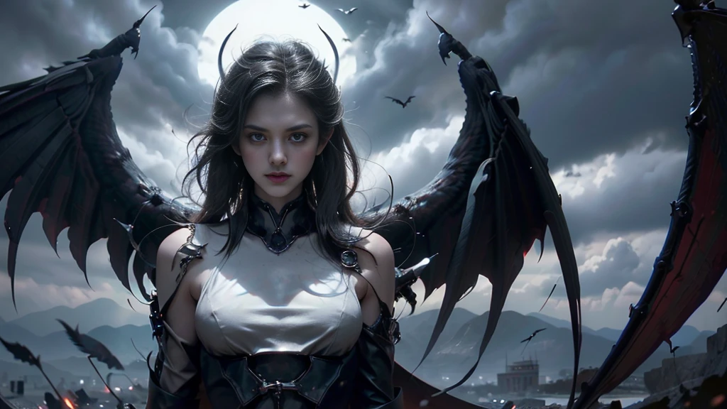 The lost god, Angel Wings and Demon Lord Wings, (Realistic picture, highest resolution, 16K), (A demon god with wide wings and enormous power on his shoulders..., Twelve wings on the shoulders., black bat wings:1.3 white angel wings:1.5), long hair, Thick hair, Two meters long, floor length, (สาวสวยlong hairสองเมตร, shiny black hair, Smooth white skin, very red lips), ((stand, already)), (หน้าอกbig, หัวbig tits), (gigantic breast, small waist, hips raised, small thighs, Long legs), (dynamic poses), Separate theme, (Angel wings and devil wings), floating in the air above the ground, background darkness, Embraced with twelve wings, ปีกSeparate themeชัดเจน, Angel wings and devil wings, white and black wings, ทรงสวมมงกุฏขนาดbig, The busiest breasts, big , Porn, just, exposed body, tight, All smooth., see the whole body, full body image,