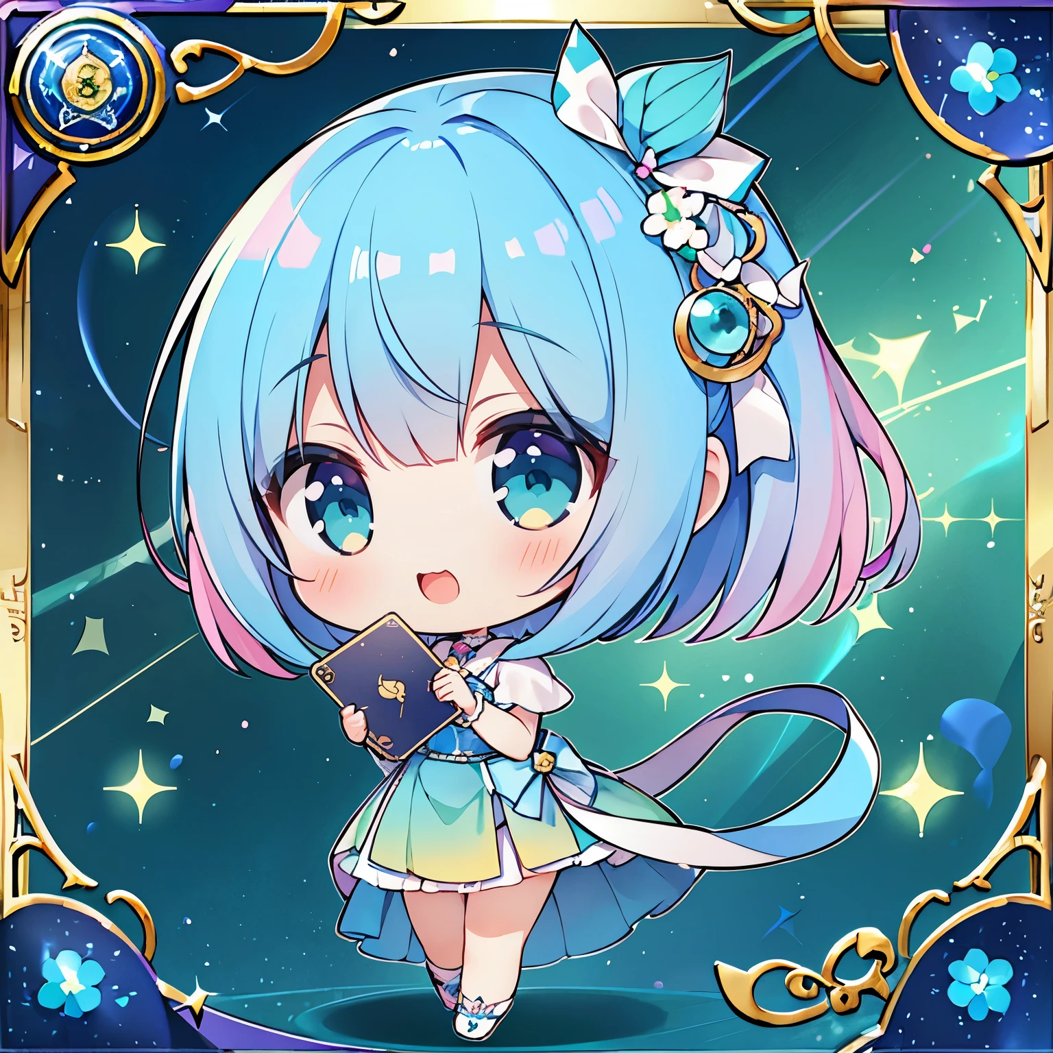 (masterpiece),(Highest quality), (Ultra-high resolution),girl , Bobcut,  chibi,Laughing、Fortune teller doing card reading and holding one card in one hand、Blue dress、Blue-green and pink gradient hair、Pink and blue-green gradient eyes、White ribbon in hair、Standing、People only、White background、No background、