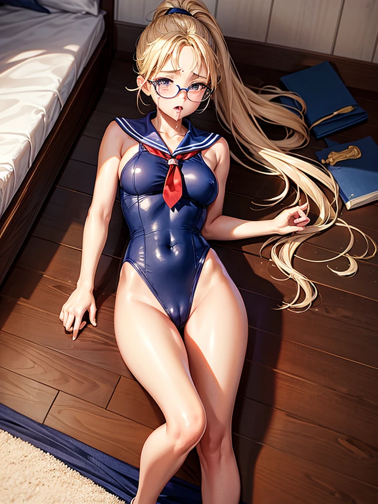 Highest quality,Highest Resolution,1Beautiful girl of the person,whole body,sleep,Look Up,Lying on your back,looking at the camera,Big eyes,Glasses,Crying face,Tears,Stringy saliva,Open your mouth wide,Sticking out tongue,Flush saliva,Overflowing with saliva,ponytail,Golden Hair,Brown eyes,Navy blue sailor leotard,High Leg,Red tie,Tears overflow,Dripping a lot of saliva,Drooling,On the bed,y,Finger licking,Western-style room,Alluring,
