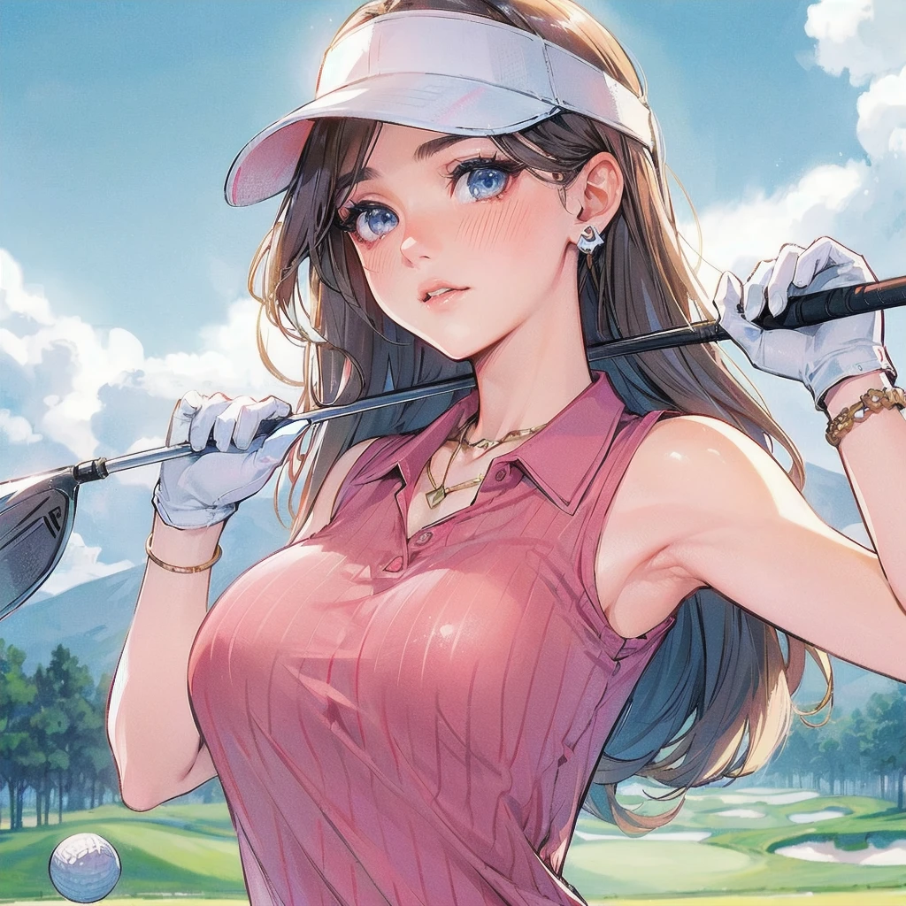  masterpiece, (textured skin), best quality, gorgeous beautiful girl, (a female golf athlete), detailed clothes,large breasts,narrow waist,, (beautiful face), cinematic lighting, (at golf venue ),