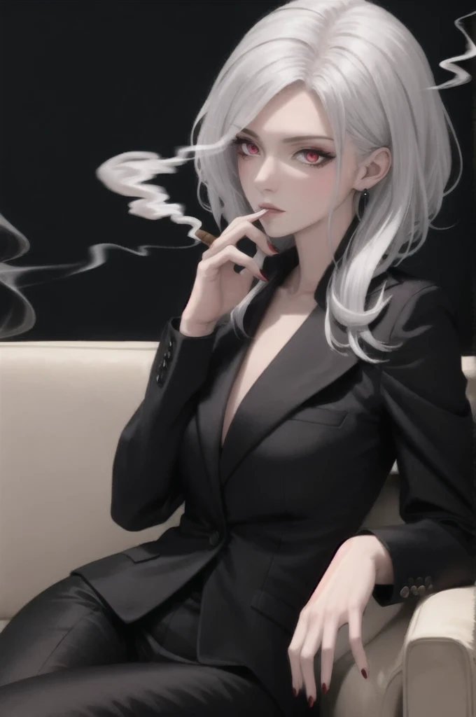 A cold and mysterious female with white hair and crimson eyes wearing a black business suit smoking on a cigar on a black couch. Anime artstyle.