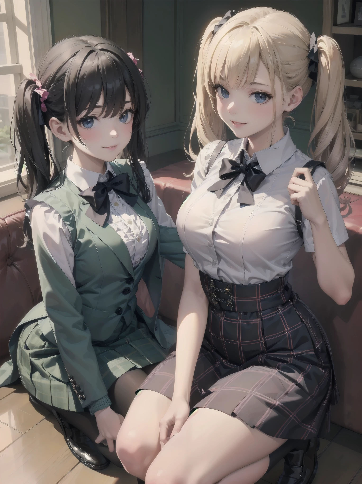 (Top quality, 16K, masterpiece, super high resolution, Victorian era, photorealistic: 1.2), perfect illustration with every detail created by a master 2020's animation illustrator, BREAK 1 girl, soro, twintails, bow, cardigan vest, short sleeve shirt, plaid skirt, over black legwear, loafers, smile, Sexual girl, Dressy styles that are glamorous and pretty, with an emphasis on cuteness, bright shades and pop designs