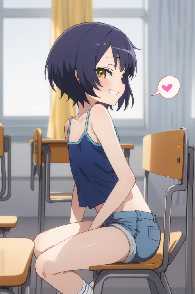 masterpiece,best quality,1girl,solo,jouga maya, blue shorthair,1girl,(petite),grin,,,camisole,, shorts,socks,looking viewer,,spoken heart,,flat chest,,classroom,sitting on chair,thigh,from side,nsfw