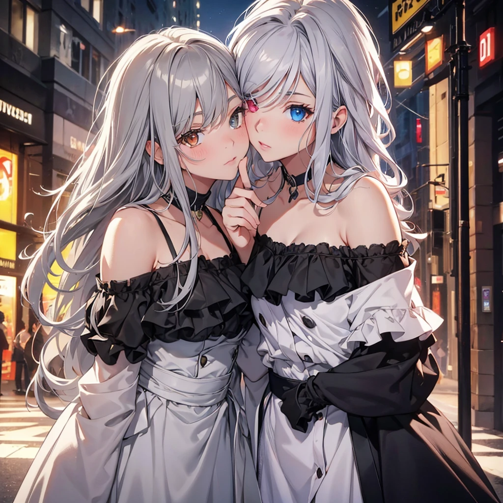 Highest quality, masterpiece, Ultra-high resolution, (Realistic: 1.4), RAW Photos, One girl, Off the shoulder, Cinema Lighting, Kiss pose, Heterochromia iridis, Gray Hair, Gray Hair