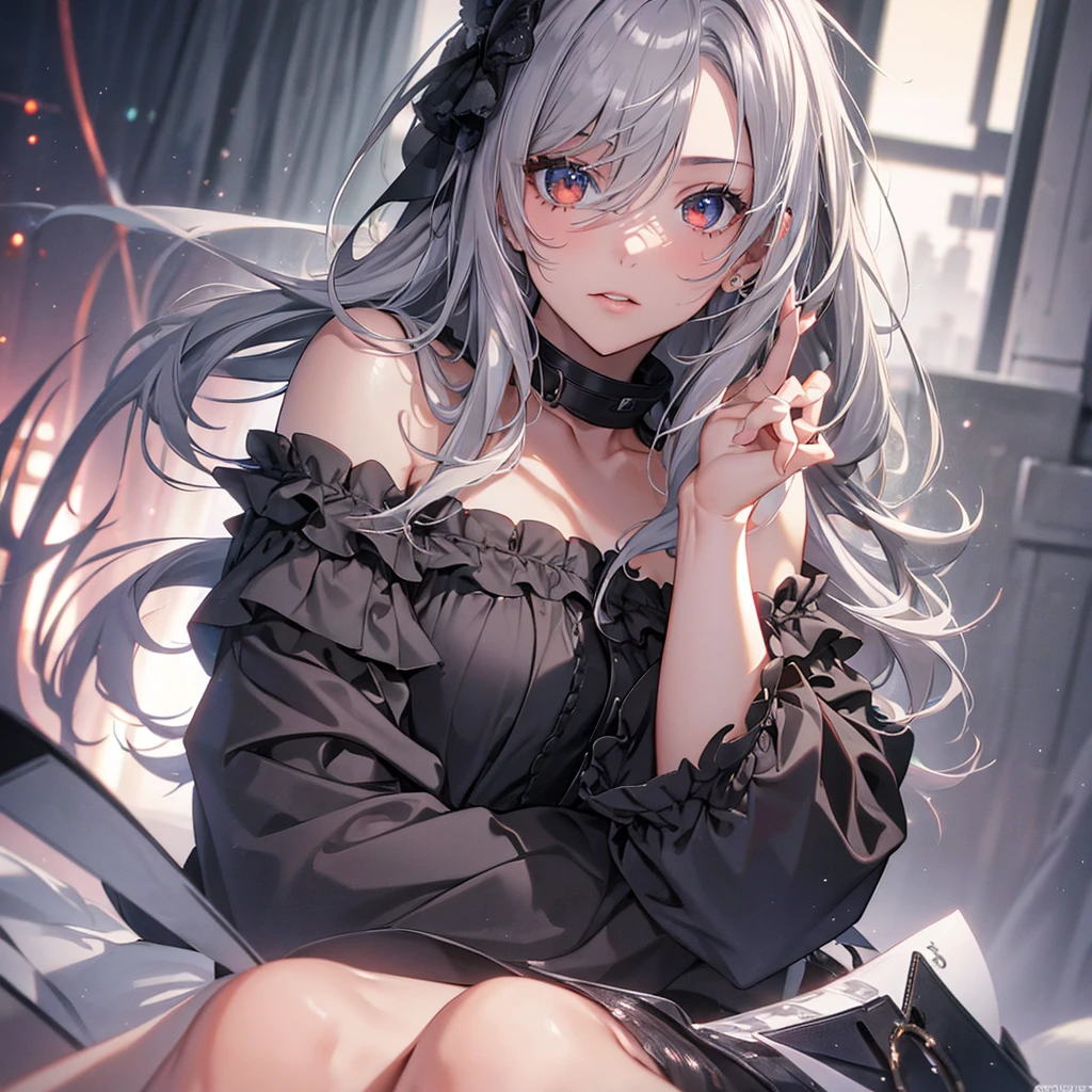 Highest quality, masterpiece, Ultra-high resolution, (Realistic: 1.4), RAW Photos, One girl, Off the shoulder, Cinema Lighting, Kiss pose, Heterochromia iridis, Gray Hair, Gray Hair