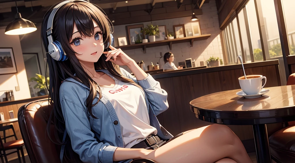 Girl with headphones enjoying music in a cafe I am studying Emphasize a little bit of the chest