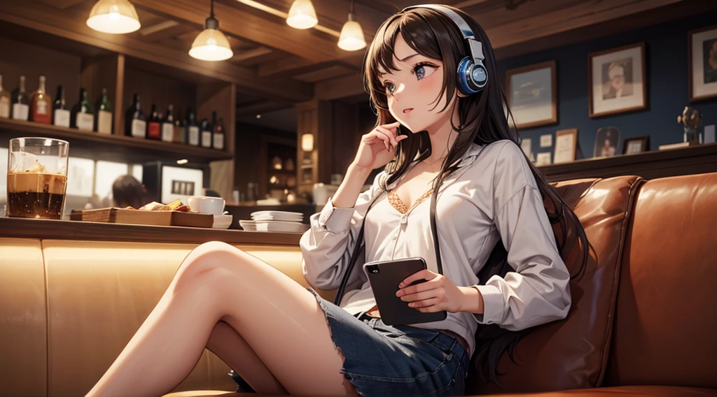 Girl with headphones enjoying music in a cafe　I am studying　Emphasize a little bit of the 
