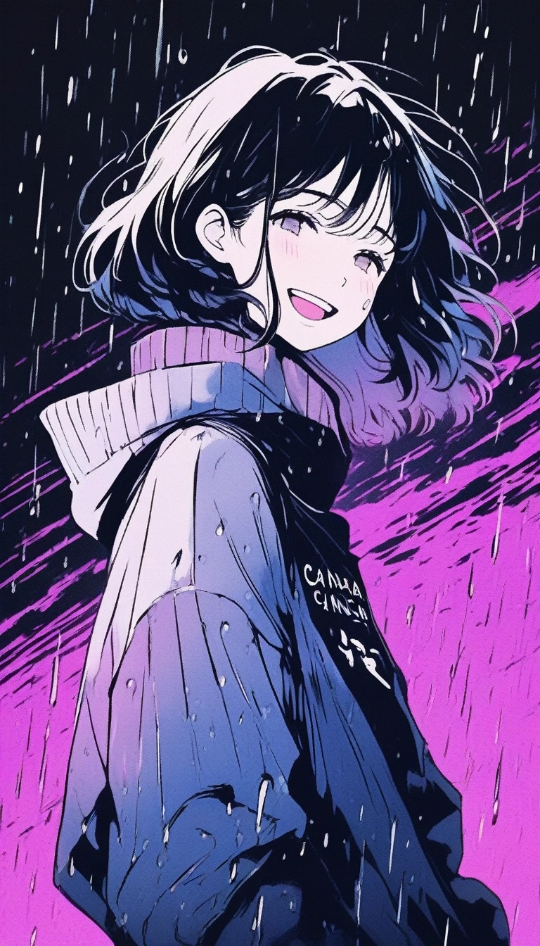 Illustrator, anime , Realistic ,sketch , smile、Laughing with your mouth open、Abstract rain on background、1 girl, ,lip, sweater,order, Black gradient background, black髪,Short Bob、blacktshirt、Textured Trim, Canadian, (masterpiece,Highest quality) Cancer