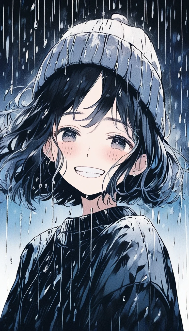 Illustrator, anime , Realistic ,sketch , smile、Laughing with your mouth open、Abstract rain on background、1 girl, ,lip, sweater,order, Black gradient background, black髪,Short Bob、blackｔshirt、Textured Trim, Canadian, (masterpiece,Highest quality) Cancer