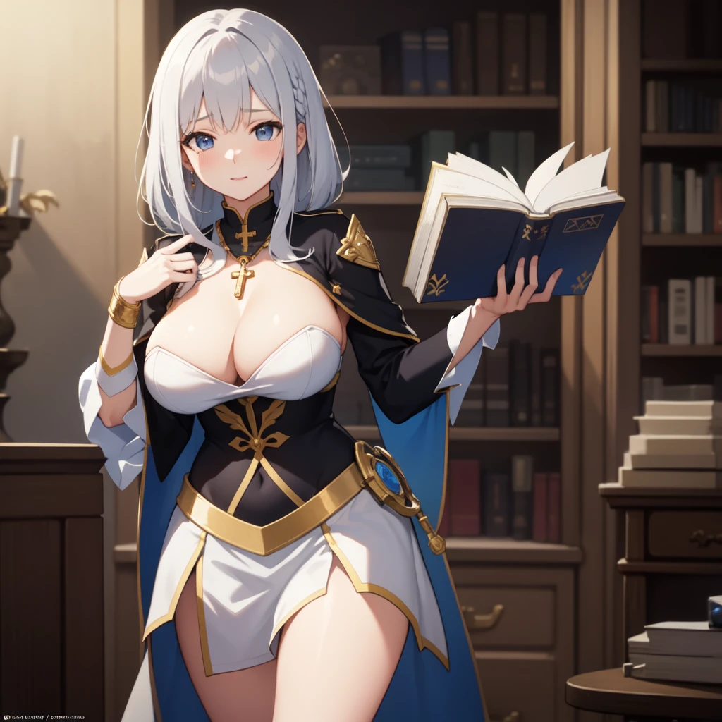 Highest quality、Ultra-high resolution、Fantasy、roleplaying game、A sexy, busty, silver-haired, short-boobed saint standing upright with a closed book under her arm and a holy symbol around her neck、Audience Chamber