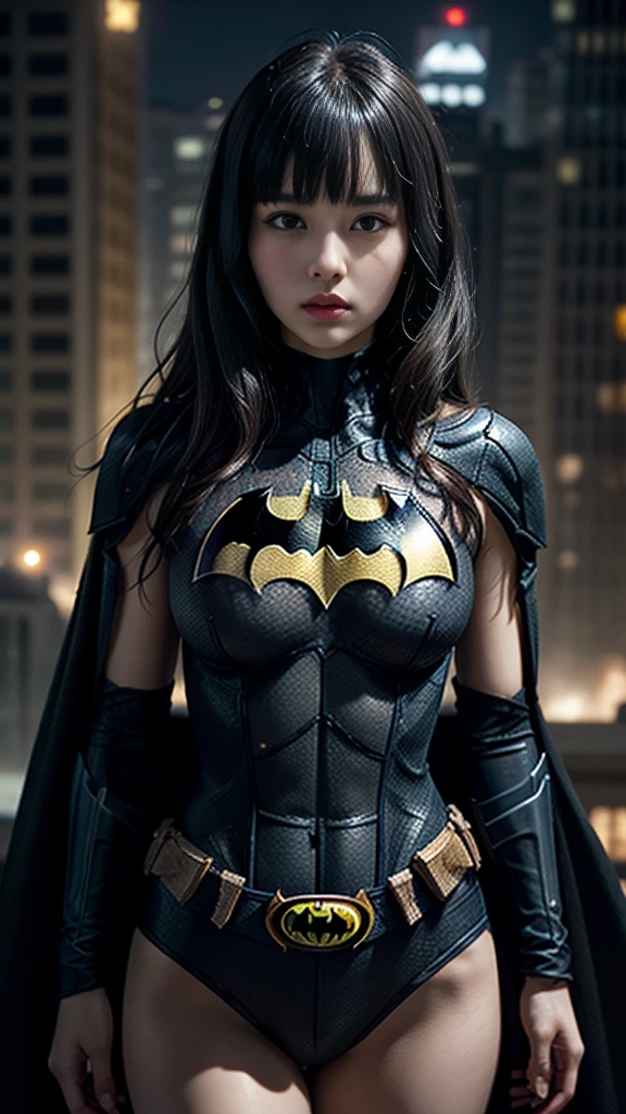 ((Cowboy Shot))、Mature Woman、(masterpiece, Highest quality), Intricate details, 8K, 1 Girl, Long Hair, Bowl Cut Hair,((blunt bangs))、 Black Hair,((Ultra-detailed and intricately designed Batman's Robin suit)),Skyscraper, city, building,street,((Delicate painting)),(Detailed RAW photos of girls), (Masterpiece:1.25), (Highest quality:1.6), (Ultra-high resolution:1.5), (Photorealistic:1.75), 8K resolution, Canon EOS R5, 50mm, Confused, Very detailed,Cinema Lighting、((Super big breasts))、The abdomen is visible、Ultra-delicate and intricately decorated thigh-high boots、Sexy pose、Batman's Robin suit with super subtle and ultra cool decoration、 ((Cape))
